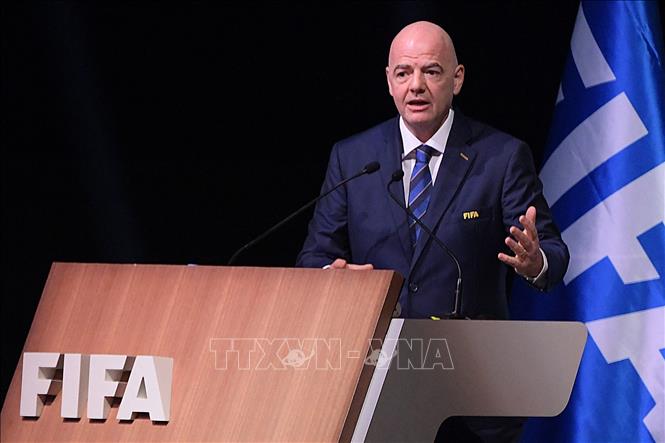 Ông Gianni Infantino phát biểu sau khi tái đắc cử Chủ tịch Liên đoàn Bóng đá Thế giới (FIFA), ngày 16/3/2023. Ảnh: AFP/TTXVN