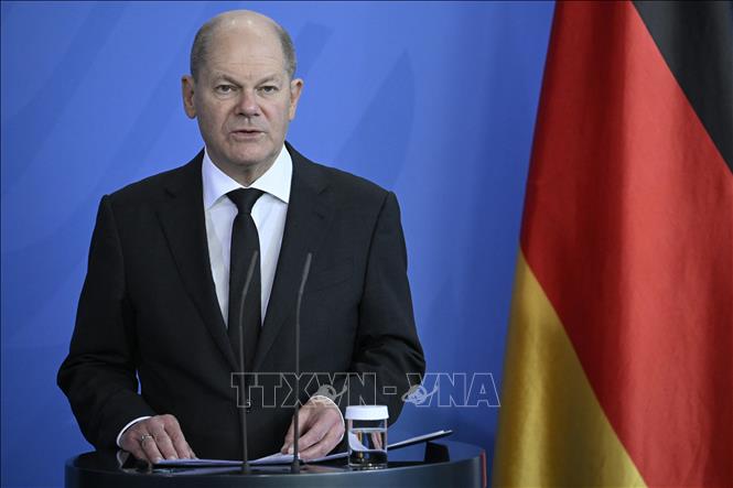 Thủ tướng Đức Olaf Scholz trong cuộc họp báo tại Berlin, ngày 16/3/2023. Ảnh: AFP/TTXVN