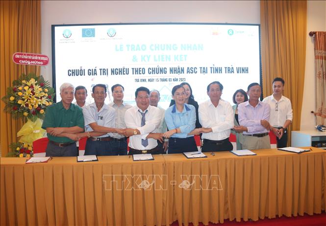 Signing the MoU to develop value chains for clam farming with the three cooperatives. VNA Photo: Thanh Hòa