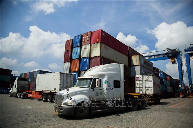 Xe container hoạt động trong cảng Cát Lái, thành phố Thủ Đức. Ảnh: Hồng Đạt - TTXVN
