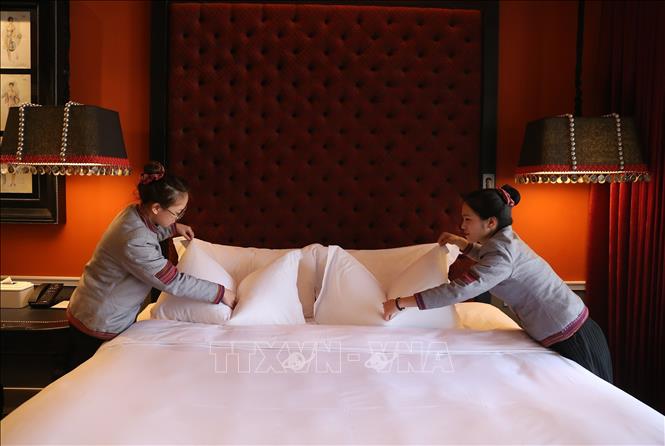 Trong ảnh: Sinh viên khoa Du lịch Trường Cao đẳng Lào Cai thực tập tại khách sạn 5 sao quốc tế Hotel de la Coupole - MGallery tại khu du lịch quốc gia Sa Pa. Ảnh: Quốc Khánh - TTXVN 