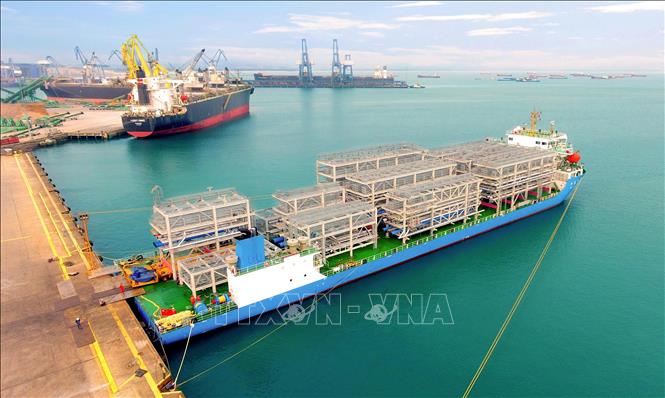 Lô hàng 1.200 tấn Module được Công ty TNHH Công nghiệp nặng Doosan Enerbility Việt Nam (Doosan Vina), Khu kinh tế Dung Quất, xã Bình Thuận, huyện Bình Sơn, tỉnh Quảng Ngãi xuất khẩu sang Singapore. Ảnh: TTXVN phát