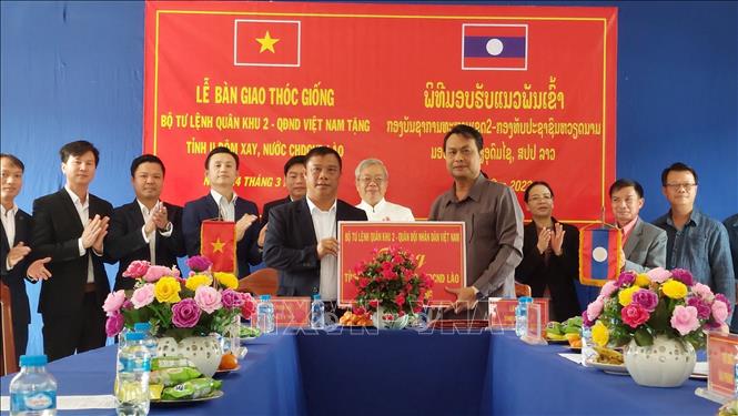 The 705 International Cooperation Company hands over 10 tonnes of rice seeds to Oudomxay province. VNA Photo: Kiên Thành  
