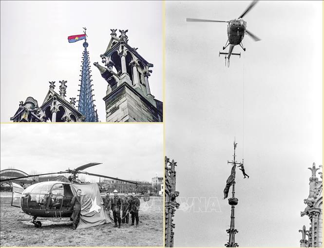 Những hình ảnh ghi lại quá trình lính cứu hỏa dùng trực thăng để gỡ lá cờ Việt Nam trên chóp tháp của Nhà thờ Đức Bà Paris, được đăng tải trên báo chí quốc tế. Ảnh: Thu Hà - PV TTXVN tại Pháp
