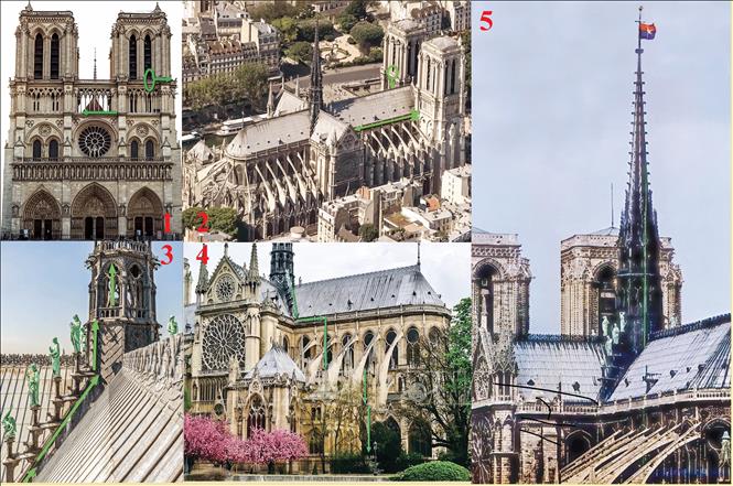 Những bức ảnh mô tả quá trình các chàng trai Thuỵ Sĩ leo lên chóp tháp của Nhà thờ Đức Bà Paris để treo cờ Việt Nam. Ảnh: Thu Hà - PV TTXVN tại Pháp