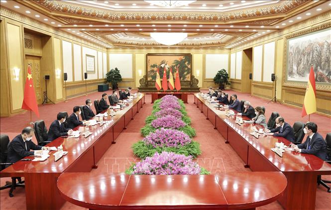 Chủ tịch Trung Quốc Tập Cận Bình và Thủ tướng Tây Ban Nha Pedro Sanchez tại cuộc gặp ở Bắc Kinh ngày 31/3/2023. Ảnh: THX/ TTXVN