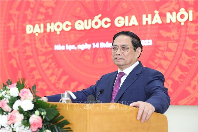 Thủ tướng Phạm Minh Chính phát biểu tại buổi làm việc với Trường Đại học Quốc gia Hà Nội. Ảnh: Dương Giang-TTXVN