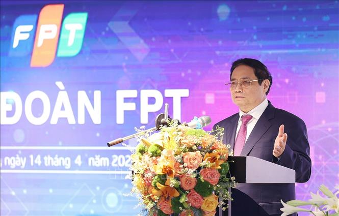 Thủ tướng Phạm Minh Chính phát biểu khi đến thăm Trường Đại học FPT. Ảnh: Dương Giang-TTXVN
