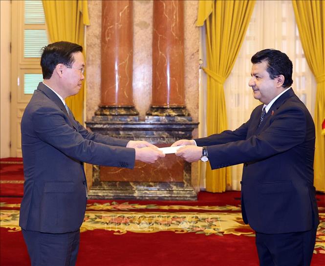 Chủ tịch nước Võ Văn Thưởng tiếp nhận Quốc thư của Đại sứ Chile Sergio Narea Guzmán. Ảnh: Thống Nhất – TTXVN