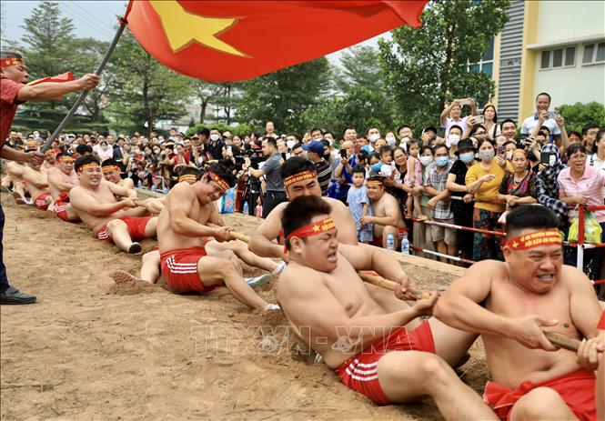 Khi có hiệu lệnh “bắt đầu” các trai kéo dồn hết sức lực để kéo. Ảnh: Nhật Anh - TTXVN