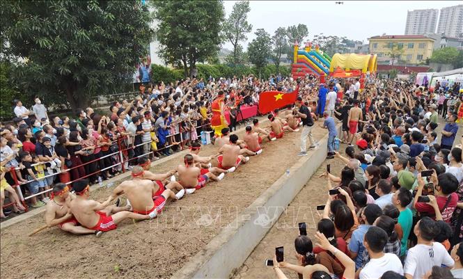 Trong tiếng trống hội rộn rã, tiếng hò reo cổ vũ cả dân làng, trai tráng khoẻ mạnh nhanh tay ra sức kéo cây song. Ảnh: Thanh Tùng - TTXVN 