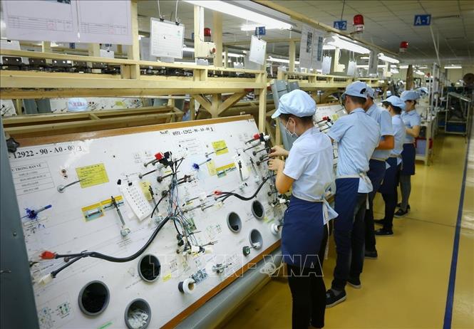 Công nhân sản xuất linh kiện điện tử tại Công ty TNHH Điện - Điện tử Mê Trần Vĩnh Phúc. Ảnh: Danh Lam - TTXVN
