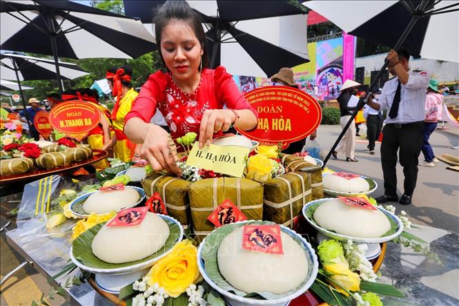 Sản phẩm bánh chưng, bánh giầy của đội thi huyện Hạ Hoà. Ảnh: Tuấn Đức - TTXVN