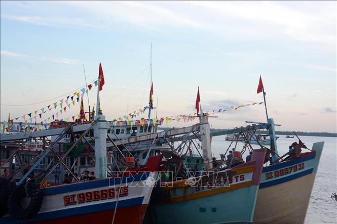 Trong ảnh: Các tàu của ngư dân Trần Đề, tỉnh Sóc Trăng, chuẩn bị theo đoàn ra Cửa biển Trần Đề tiến hành nghi lễ Nghinh Ông (rước ông). Ảnh: Tuấn Phi-TTXVN