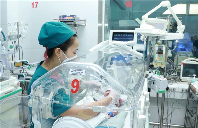Trong ảnh: Chị Nguyễn Thị Hồng Thắm, điều dưỡng Khoa Hồi sức sơ sinh, Bệnh viện Nhi đồng 2, chăm sóc cho trẻ sơ sinh. Ảnh: Đinh Hằng – TTXVN