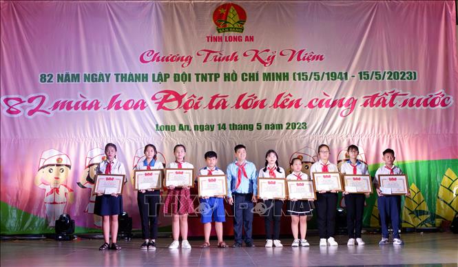 Anh Phạm Văn Hậu - Chủ tịch Hội đồng Đội tỉnh trao bằng khen cho các cá nhân có thành tích xuất sắc trong công tác Đội và phong trào thiếu nhi. Ảnh: Đức Hạnh - TTXVN 