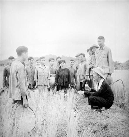 Chủ tịch Hồ Chí Minh thăm nông dân xã Hùng Sơn (Đại Từ, Thái Nguyên) đang thu hoạch vụ lúa đầu tiên sau cải cách ruộng đất (1954). Ảnh: TTXVN