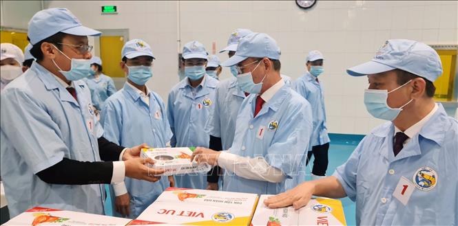 Trong ảnh: Lãnh đạo Tỉnh ủy, UBND tỉnh Bạc Liêu tham quan Nhà máy chế biến thuỷ sản Việt Úc. Ảnh: TTXVN phát
