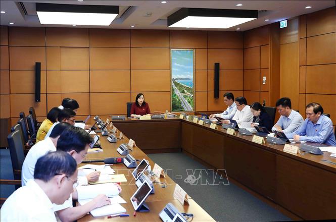 NA Deputies from Thai Nguyen, Lam Dong, Ba Ria-Vung Tau and Long An provinces discuss in a group. VNA Photo