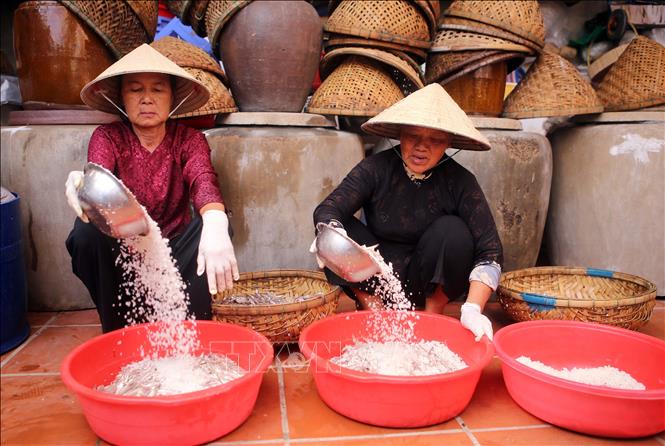 Villagers mix anchovy and salt following a traditional formula. VNA Photo: Trần Lê Lâm