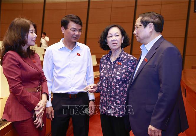 Thủ tướng Phạm Minh Chính, Thường trực Ban Bí thư Trương Thị Mai với đại biểu. Ảnh: Doãn Tấn - TTXVN