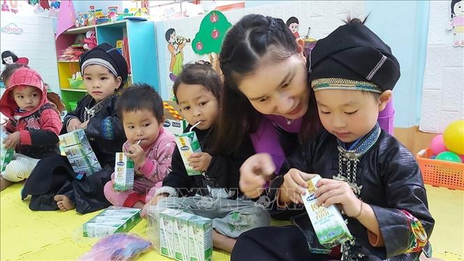 Năm 2020, Quỹ sữa Vươn cao Việt Nam và Vinamilk dành tặng 94 nghìn ly sữa, tương đương khoảng 677 triệu đồng cho 1.045 trẻ em có hoàn cảnh khó khăn tại vùng cao Hà Giang. Ảnh: Nguyễn Chiến-TTXVN