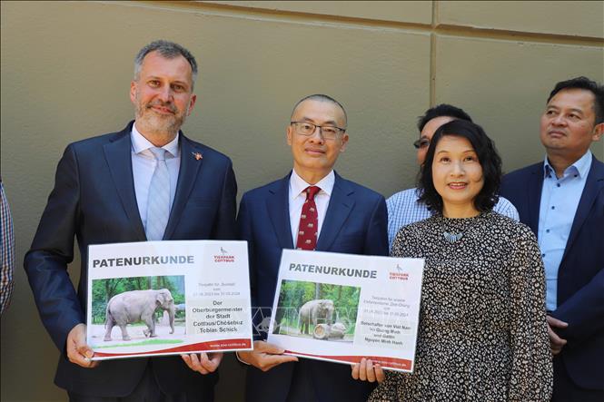 Trong ảnh: Đại sứ Vũ Quang Minh cùng Phu nhân Nguyễn Minh Hạnh và Thị trưởng thành phố Cottbus Tobias Schick (trái) nhận Giấy Chứng nhận bảo trợ cho voi tại Vườn thù Cottbus. Ảnh: Mạnh Hùng - PV TTXVN tại Đức