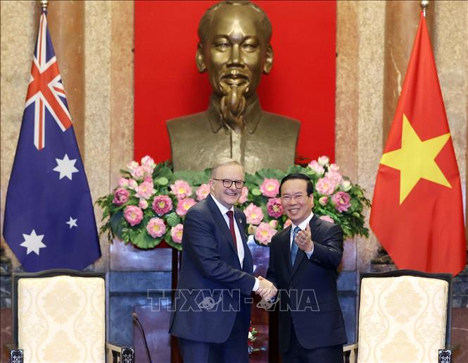 President Vo Van Thuong receives Australian Prime Minister Anthony Albanese in Hanoi on June 4. VNA Photo: Thống Nhất