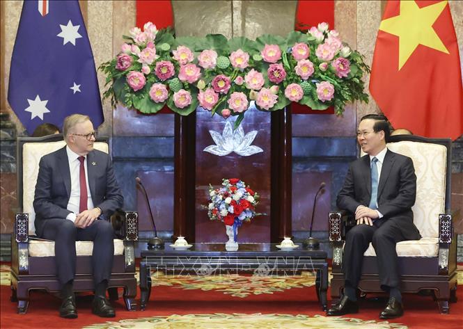 President Vo Van Thuong receives Australian Prime Minister Anthony Albanese in Hanoi on June 4. VNA Photo: Thống Nhất