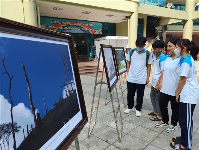Ngoài biểu diễn nghệ thuật, chương trình còn kết hợp trưng bày các tác phẩm nhiếp ảnh, các thước phim về môi trường. Ảnh: Nam Sương - TTXVN