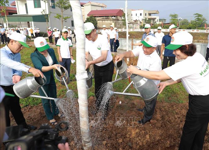 Các đại biểu trồng cây xanh hưởng ứng ngày môi trường thế giới tại khu hồ điều hoà, thôn Phương Bản, xã Song Phương, huyện Hoài Đức, thành phố Hà Nội. Ảnh: Vũ Sinh - TTXVN