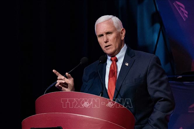 Cựu Phó Tổng thống Mỹ Mike Pence phát biểu tại một hội nghị ở North Carolina, ngày 26/4/2023. Ảnh: AFP/TTXVN
