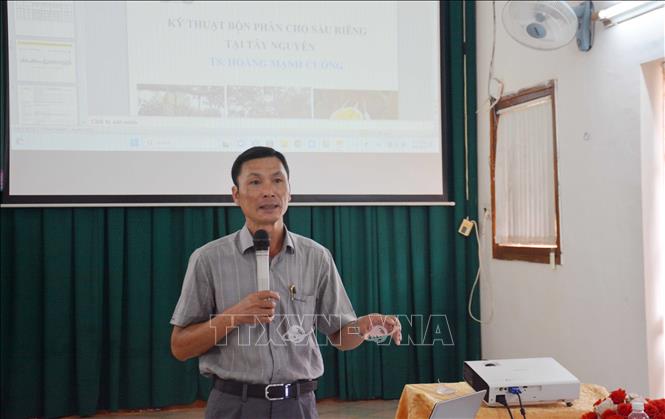 Tiến sĩ Hoàng Mạnh Cường, Viện Khoa học kỹ thuật Nông lâm nghiệp Tây Nguyên tập huấn về kỹ thuật bón phân cho sầu riêng và chăm sóc sầu riêng. Ảnh: Hoài Thu – TTXVN