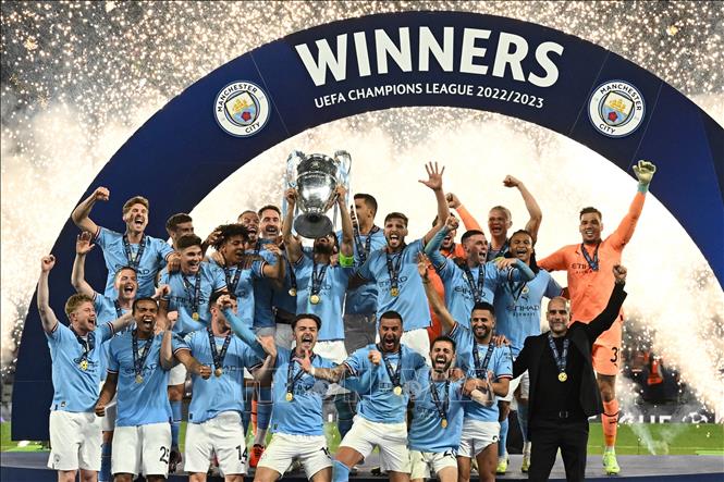 Phút đăng quang vô địch UEFA Champions League của các cầu thủ Manchester City, ngày 10/6/2023. Ảnh: AFP/TTXVN