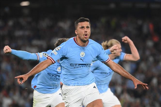 Tiền vệ Rodri là người ghi bàn thắng duy nhất của trận đấu, giúp Manchester City đánh bại Inter Milan 1-0 để đăng quang vô địch UEFA Champions League, ngày 10/6/2023. Ảnh: AFP/TTXVN