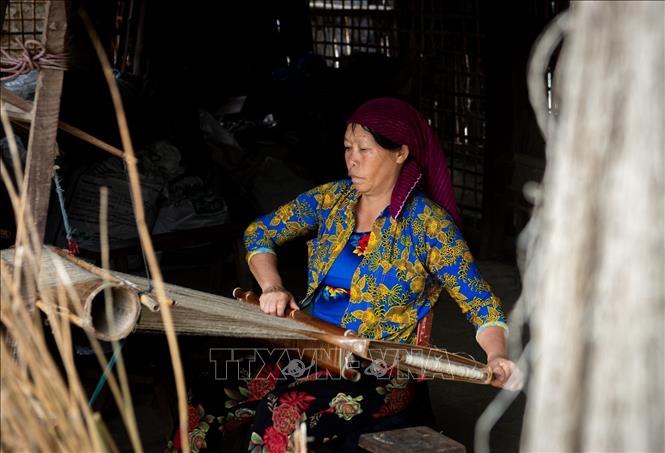 Trong ảnh: Công đoạn dệt lanh đòi hỏi sự tỉ mỉ, tập trung cao độ. Ảnh: Nam Thái - TTXVN