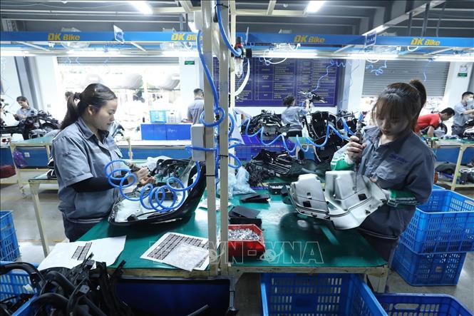 Trong ảnh: Dây chuyền lắp ráp Xe máy điện Roma Life tại Công ty TNHH một thành viên xe điện DK Việt Nhật. Ảnh: Anh Tuấn – TTXVN 