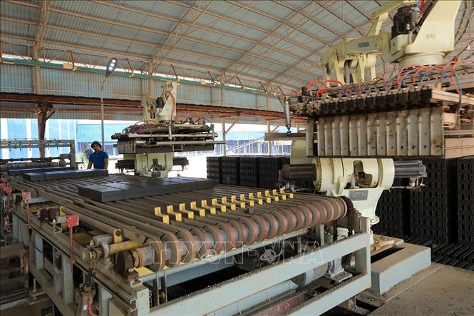 Hệ thống tạo hình tiên tiến, áp lực cao tạo ra khuôn gạch chắc mịn đồng đều, mẫu mã đẹp. Ảnh: Tuấn Anh - TTXVN
