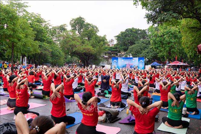 Các yogis (người tập yoga) thực hiện màn đồng diễn giao thức yoga phổ biến. Ảnh: TTXVN phát