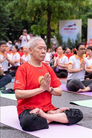 Người cao tuổi tham gia hưởng ứng Ngày Quốc tế Yoga. Ảnh: TTXVN phát