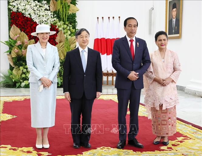 Tổng thống Indonesia Joko Widodo (thứ 2, phải) và Nhật hoàng Naruhito (thứ 2, trái) tại cuộc gặp ở Bogor, Indonesia, ngày 19/6/2023. Ảnh: Kyodo/TTXVN
