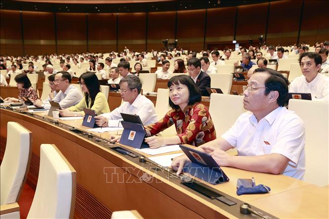 Đoàn đại biểu Quốc hội tỉnh Hải Dương biểu quyết thông qua  Nghị quyết về việc thành lập Đoàn giám sát chuyên đề của Quốc hội năm 2024; Luật sửa đổi, bổ sung một số điều của Luật Công an nhân dân và thảo luận về dự án Luật Căn cước công dân (sửa đổi). Ảnh: Doãn Tấn - TTXVN