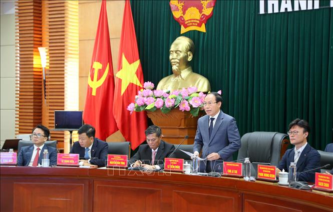 Bí thư Thành ủy Hải Phòng Lê Tiến Châu khẳng định Hải Phòng đảm bảo môi trường đầu tư an toàn, an ninh, đôi bên cùng có lợi. Ảnh: Minh Thu - TTXVN
