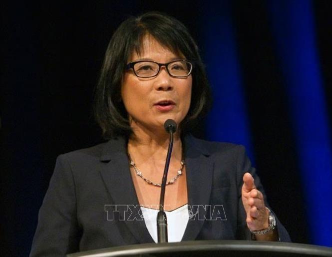 (Tư liệu) Ứng viên tranh cử Thị trưởng thành phố Toronto (Canada) Olivia Chow tham dự một hội thảo ở Scarborough, tỉnh Ontario. Ảnh: Reuters/TTXVN
