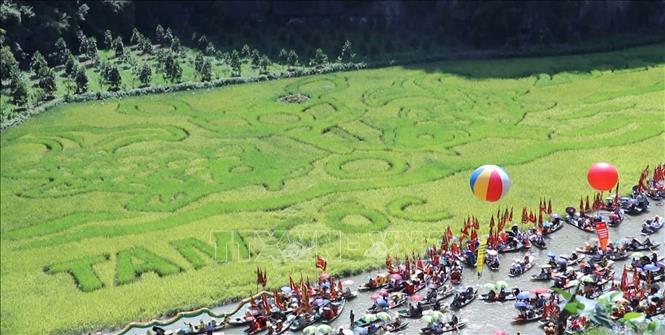 Du khách được ngắm nhìn bức tranh trên cánh đồng lúa trên dòng sông Ngô Đồng tại Khu du lịch Tam cốc Bích Động, tỉnh Ninh Bình. Ảnh: Hải Yến-TTXVN