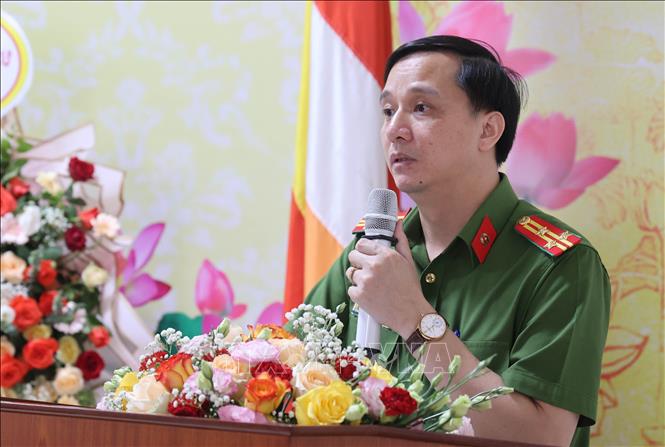 Trong ảnh: Thượng tá Nguyễn Xuân Trung, Phó Giám đốc Công anh tỉnh Phú Thọ phát biểu tại Hội nghị. Ảnh: Trung Kiên - TTXVN