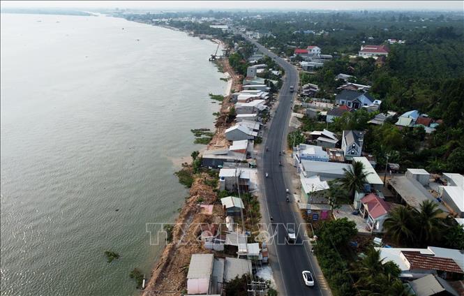 Trong ảnh: Công trình xây dựng kè bờ từ đoạn kè Bình Thành đến vàm Phong Mỹ (thuộc huyện Thanh Bình và huyện Cao Lãnh, tỉnh Đồng Tháp) để bảo vệ Quốc lộ 30 nhưng thi công chậm tiến độ, là một dẫn chứng cho hiệu quả không cao lại tốn kém kinh phí trong phòng, chống sạt lở của giải pháp dùng kè bê tông. Ảnh: Nhựt An - TTXVN
