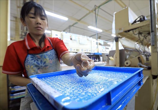 Công đoạn HP (Kenma) là công đoạn mài bóng mặt ngoài của Thấu kính, quyết định độ chính xác cũng như bề mặt thấu kính. Quá trình mài bóng ở Kenma dựa vào nguyên liệu, độ mịn của đá mài, thời gian, áp suất của máy và quy cách đối với từng loại sản phẩm; độ cắt của Kenma từ 0.005mm ~ 0.01mm. Ảnh: Tuấn Anh - TTXVN