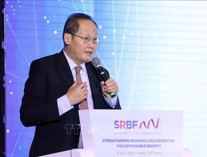 Bộ trưởng thứ hai Bộ Thương mại và Công nghiệp Singapore Tan See Leng phát biểu tại Diễn đàn. Ảnh: An Đăng - TTXVN
