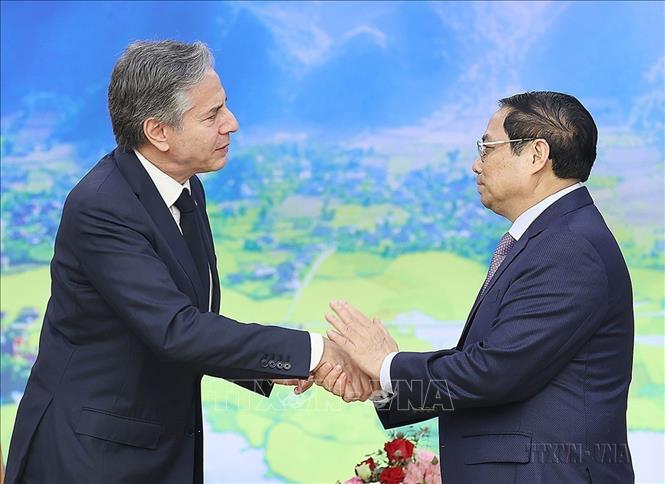 Thủ tướng Phạm Minh Chính tiếp Bộ trưởng Ngoại giao Hoa Kỳ Antony Blinken thăm chính thức Việt Nam (Hà Nội, 15/4/2023). Ảnh: Dương Giang - TTXVN